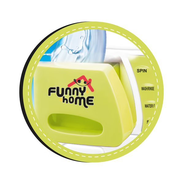 Toy washing machine front panel with Funny home logo and circular dial