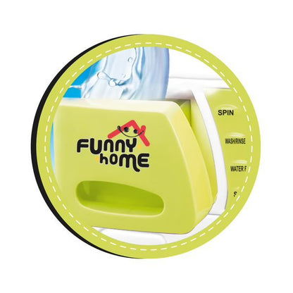 Toy washing machine front panel with Funny home logo and circular dial