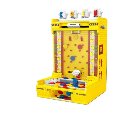 Arcade Coin Pusher LEGO-style 2093‑pc set, yellow machine with coin tray and playfield