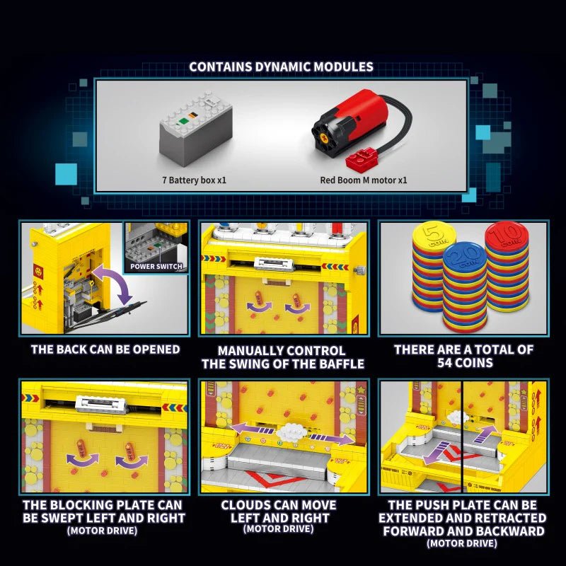 Coin pusher kit components: battery box and Red Boom motor module