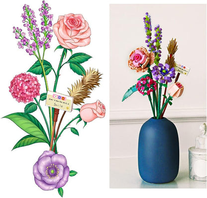 Building bricks mini flowers bouquet: pink rose, purple blooms, lavender flower