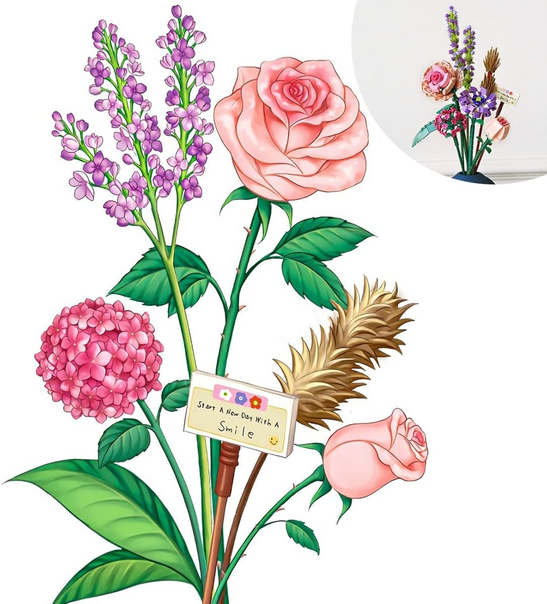 Mini flower building set: pink rose, purple blossoms, green leaves on stems