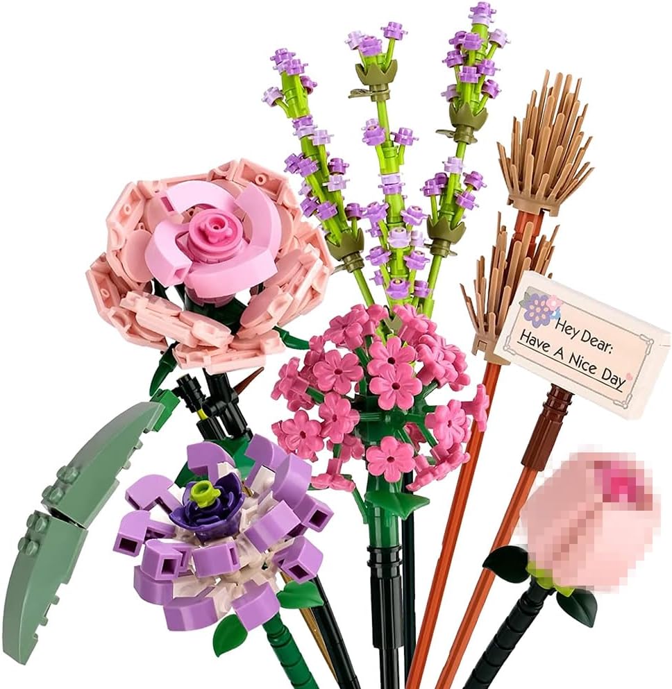 Close-up mini flower building bricks: pink rose base, purple blossoms, green stems