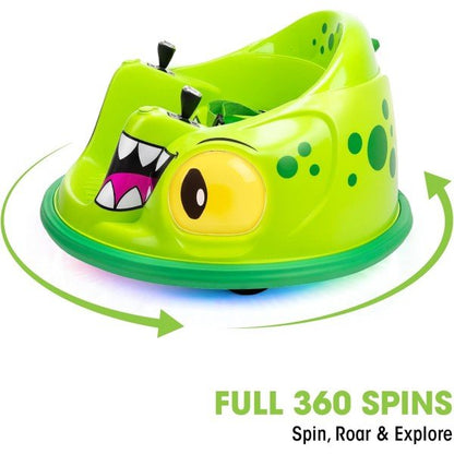 Green dinosaur ride-on bumper car with big eyes and mouth graphics, 360 spin