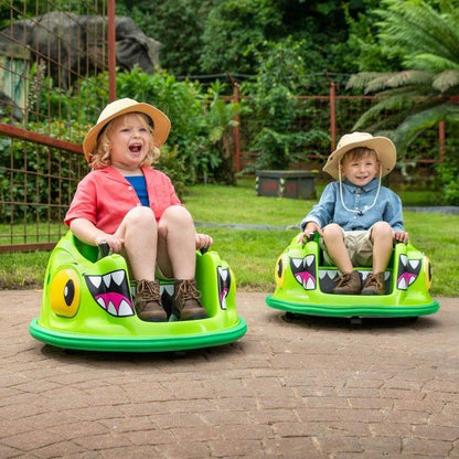 Green electric dinosaur bumper ride-on car with cartoon face, two children seated