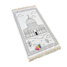 Children’s prayer mat with coloring design of a mosque and doodle border, fringe edges