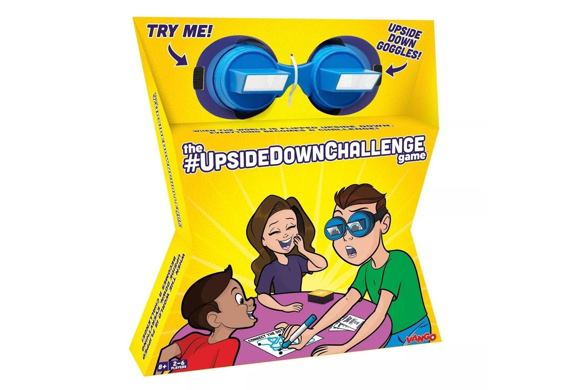 Kids family board game box with cartoon kids and blue upside-down goggles, yellow packaging