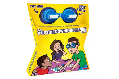 Kids family board game box with cartoon kids and blue upside-down goggles, yellow packaging