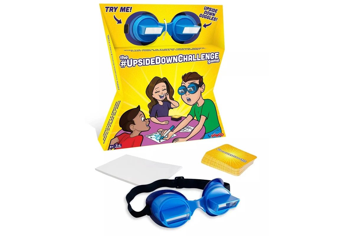 Upside-down challenge game set with yellow box, blue goggles headband, and cards