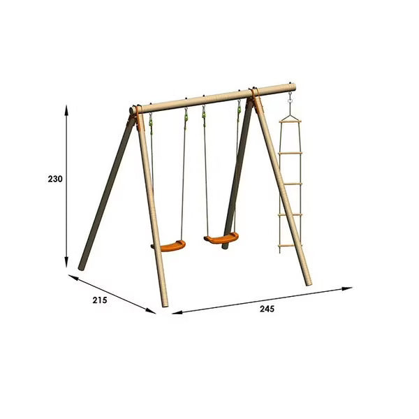 Wooden swing set with two hanging seats and ladder