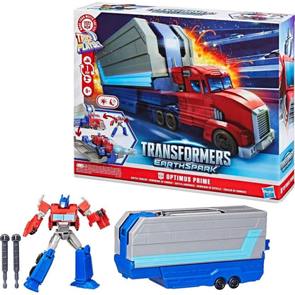 Transformers Earthspark Optimus Prime battle trailer toy box with red robot and trailer