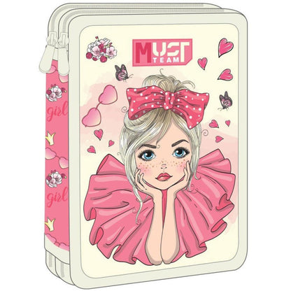 Light beige double-decker pencil case with cartoon girl, pink bow and hearts print
