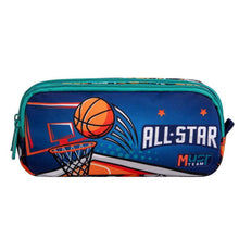 Two-compartment barrel pencil case, teal and blue basketball graphic, zip closure.