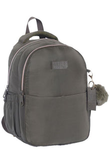 Mini khaki backpack with side zipper, faux fur keychain, and front patch logo