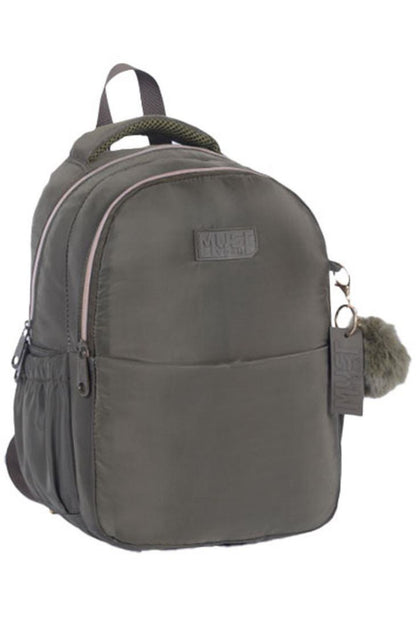 Mini khaki backpack with side zipper, faux fur keychain, and front patch logo