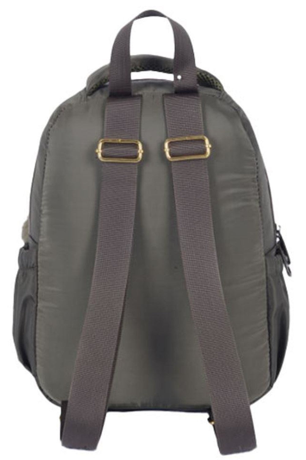 Mini khaki backpack with dual front straps and gold buckles, top handle