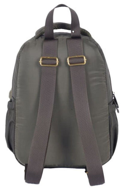 Mini khaki backpack with dual front straps and gold buckles, top handle