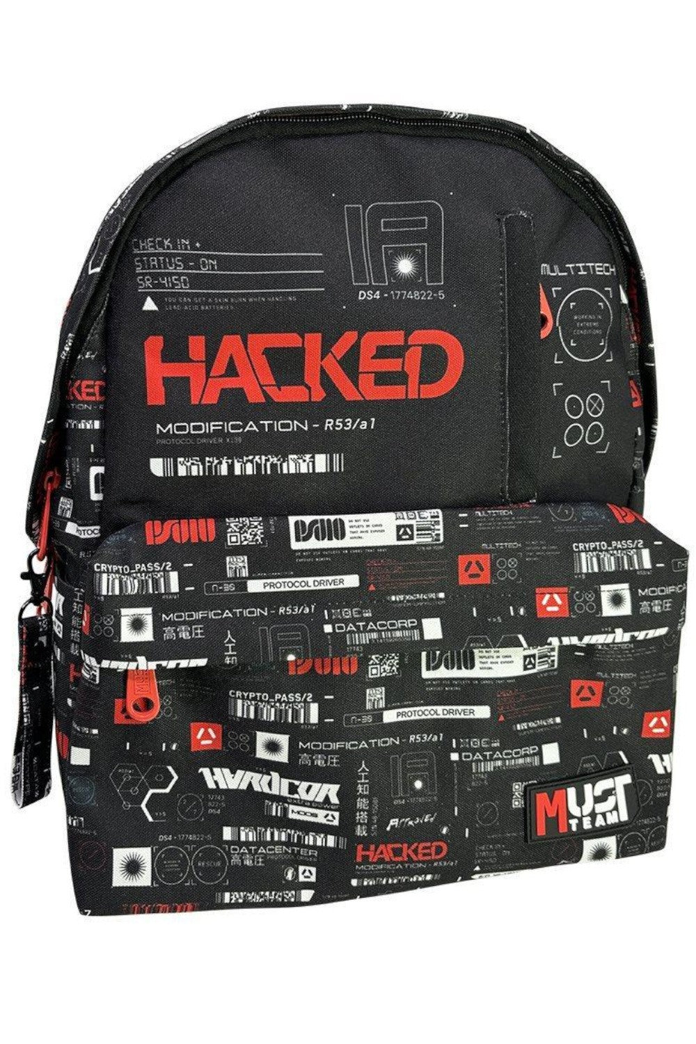 Black backpack with large front 'HACKER' graphic, zipper pocket, and red side details