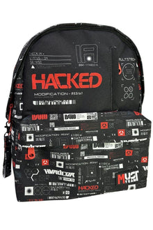 Black backpack with large front 'HACKER' graphic, zipper pocket, and red side details