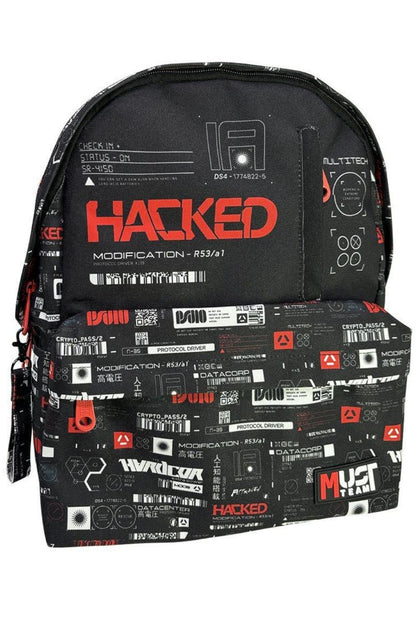 Black backpack with large front 'HACKER' graphic, zipper pocket, and red side details
