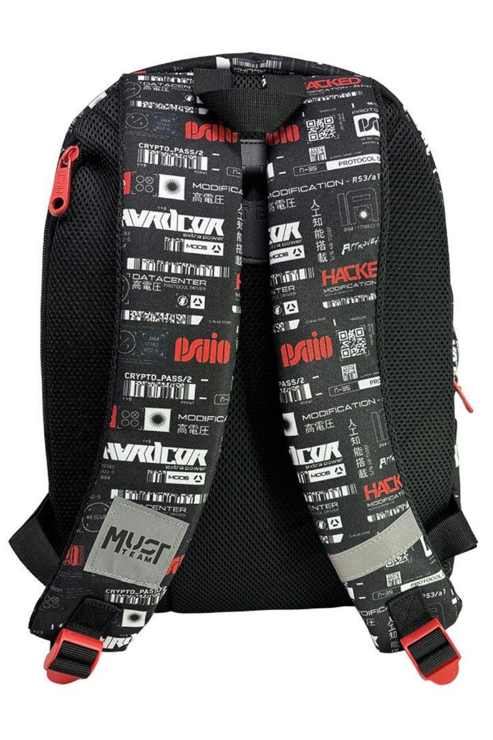 Black backpack with hacked-style graphic lining, padded straps, and red buckles