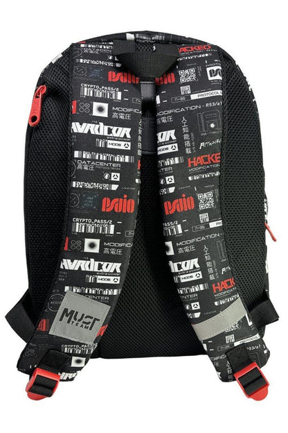 Black backpack with hacked-style graphic lining, padded straps, and red buckles
