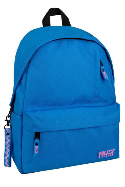 Must Team monochrome blue backpack with front zip pocket, top handle, pink accents
