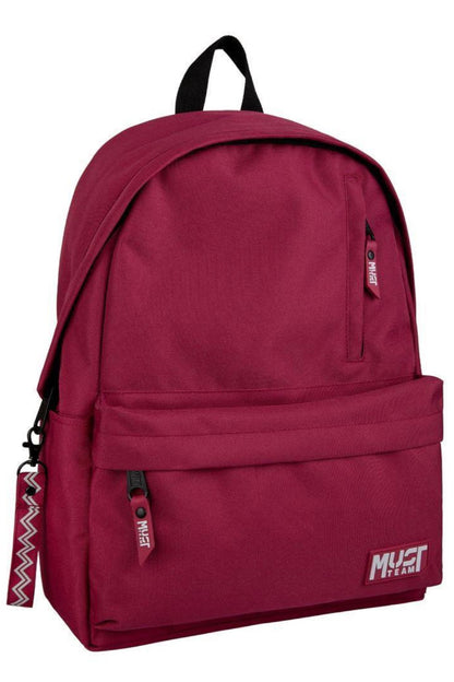 Monochrome burgundy backpack with grey logo patch, zip front pocket, single main compartment