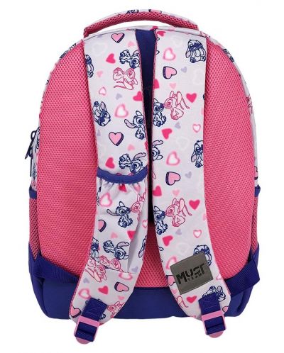 Kids backpack with pink mesh sides, navy bottom, and patterned interior panels