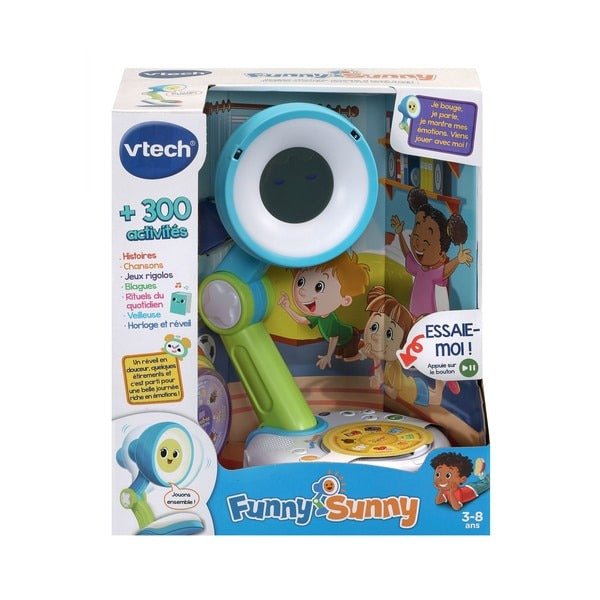 VTech Funny Sunny Blue toy projector with blue handle and circular screen, boxed set