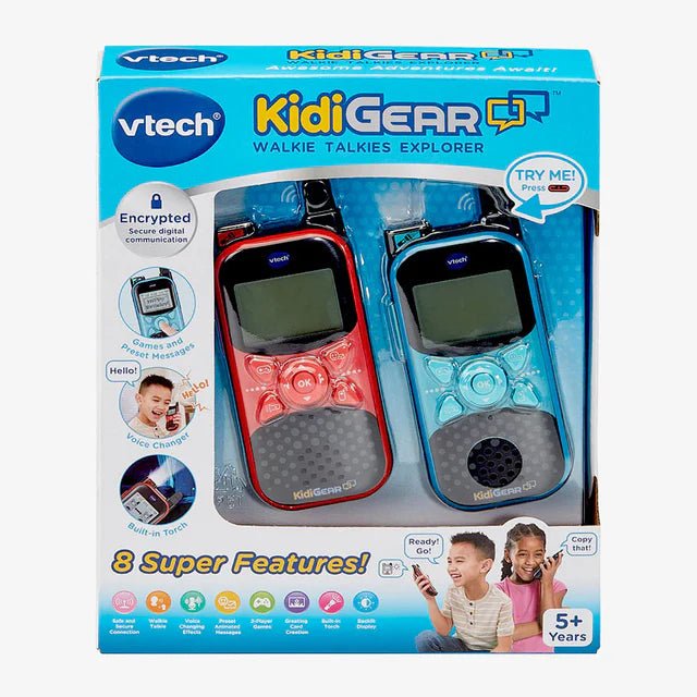 VTech Kidigear walkie talkies Explorer box with two devices shown