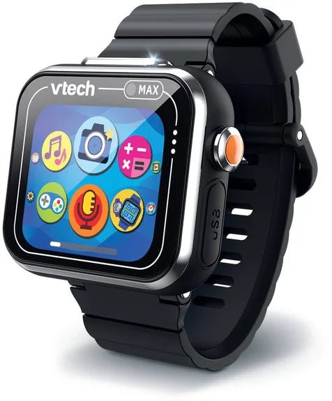 Schwarze Kidizoom Smartwatch Max mit rundem Touchdisplay und schwarzem Silikonarmband