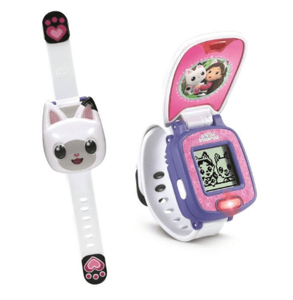 VTech Pandy Paws white kids watch with cat face and pink heart buttons, open screen display