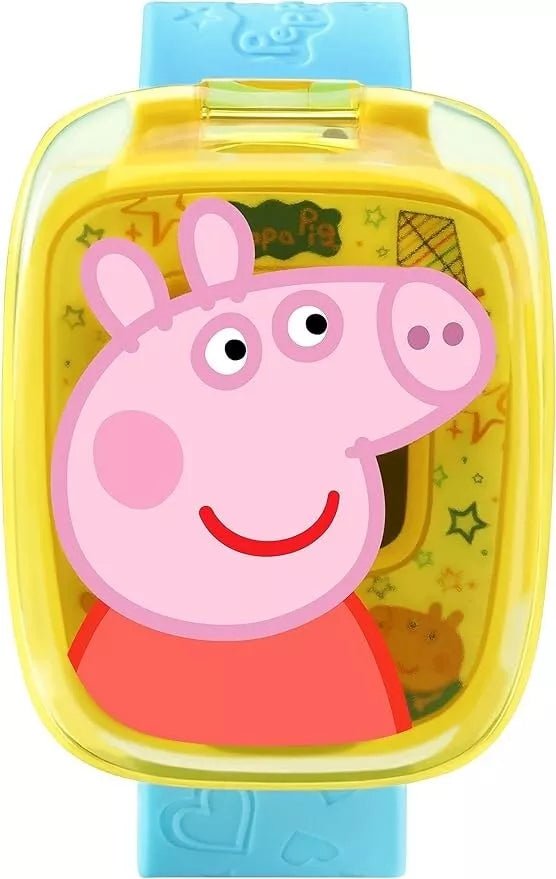Peppa Pig learning watch close-up with Peppa face on screen, yellow open cover