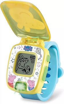 Peppa Pig learning watch with yellow case, blue strap, open display cover