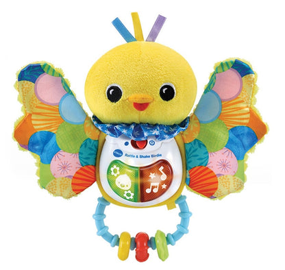 Rattle & Shake Birdie Toy, yellow plush bird with rattling wings and light-up panel