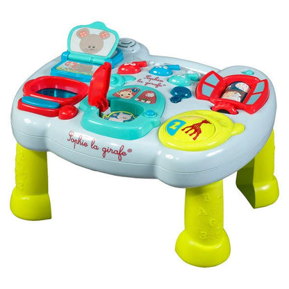 Sophie the Giraffe activity center with colorful buttons and toy panels, on four legs