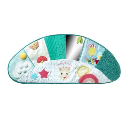 Sophie the Giraffe tactile discovery trail: teal fabric play mat with textured areas