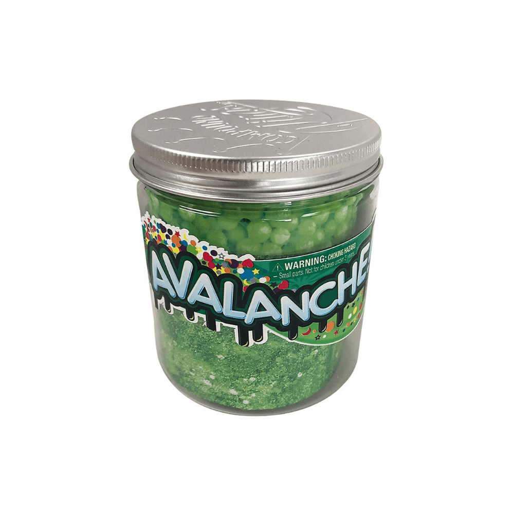Green slime jar with silver metal lid and round slime beads inside