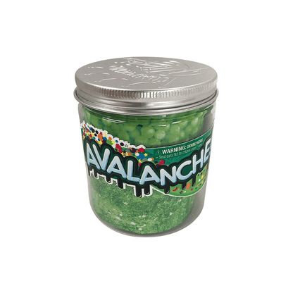 Green slime jar with silver metal lid and round slime beads inside