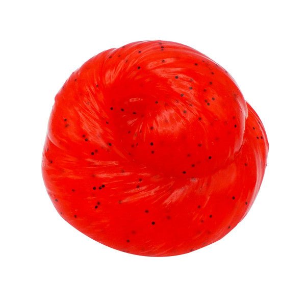 Red jelly slime with scattered dark specks, glossy round texture