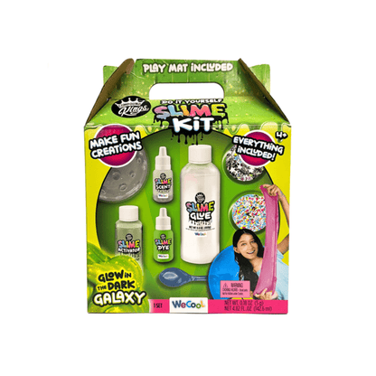Glow-in-the-dark slime kit box with bottles, glue, and galaxy-themed glitter