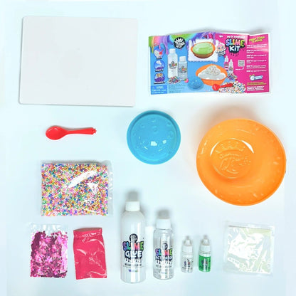 Slime kit accessories set with bottles, glitter packets, molds, and mixing tray