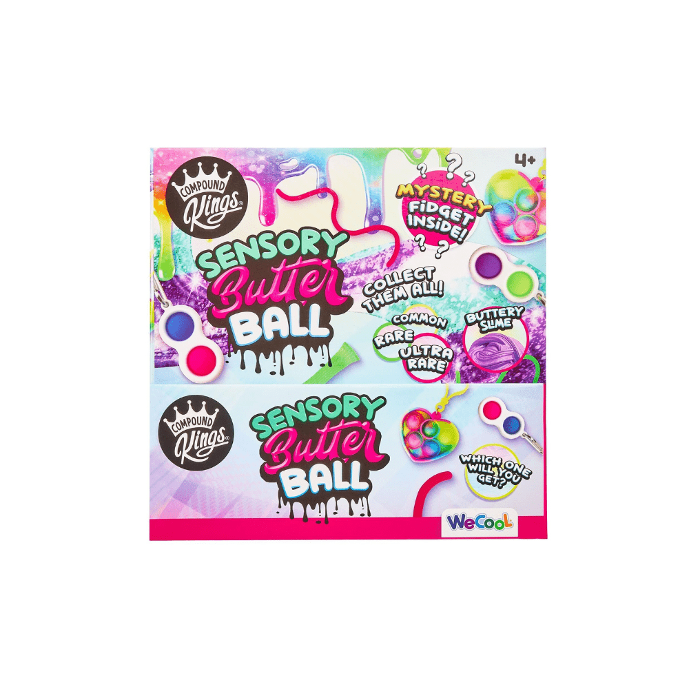 Sensory fidget butter ball gift box front with colorful sensory text graphics