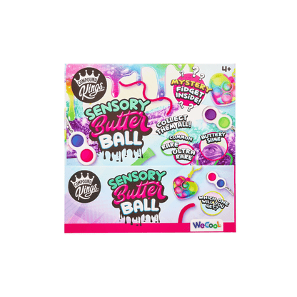 Sensory fidget butter ball gift box front with colorful sensory text graphics