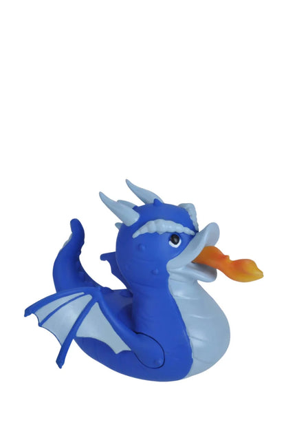 Blue dragon rubber duck toy with wings, horned head, and orange beak