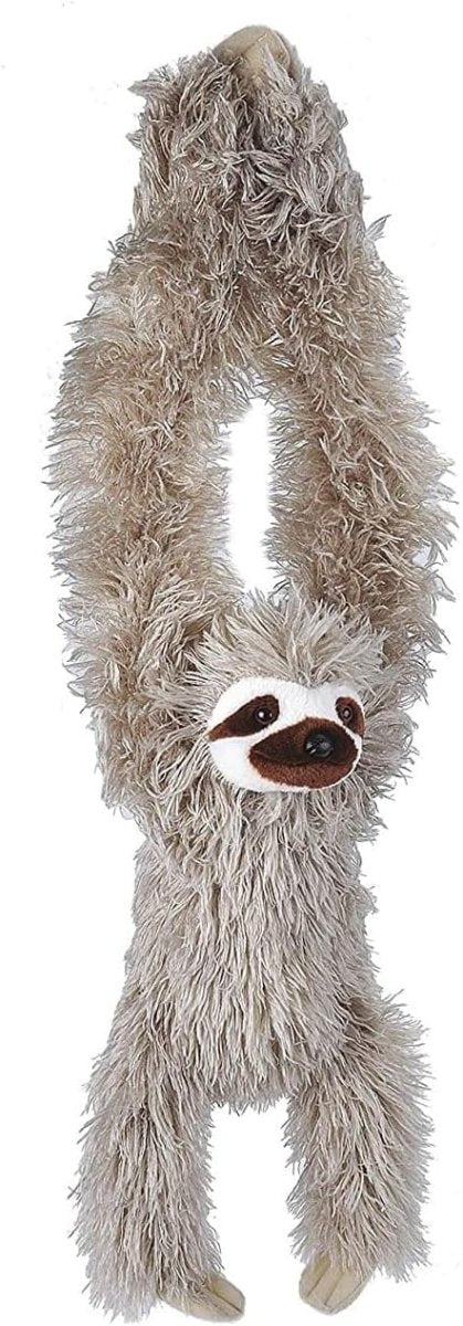 Three Toed Sloth hanging plush, shaggy light-brown fur, smiling face with black nose
