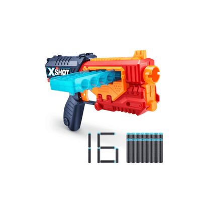 Toy blaster with orange, blue and dark gray body; includes teal foam darts