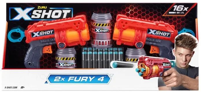 2-pack dart blasters: red and orange blasters with blue accents, shown in retail box