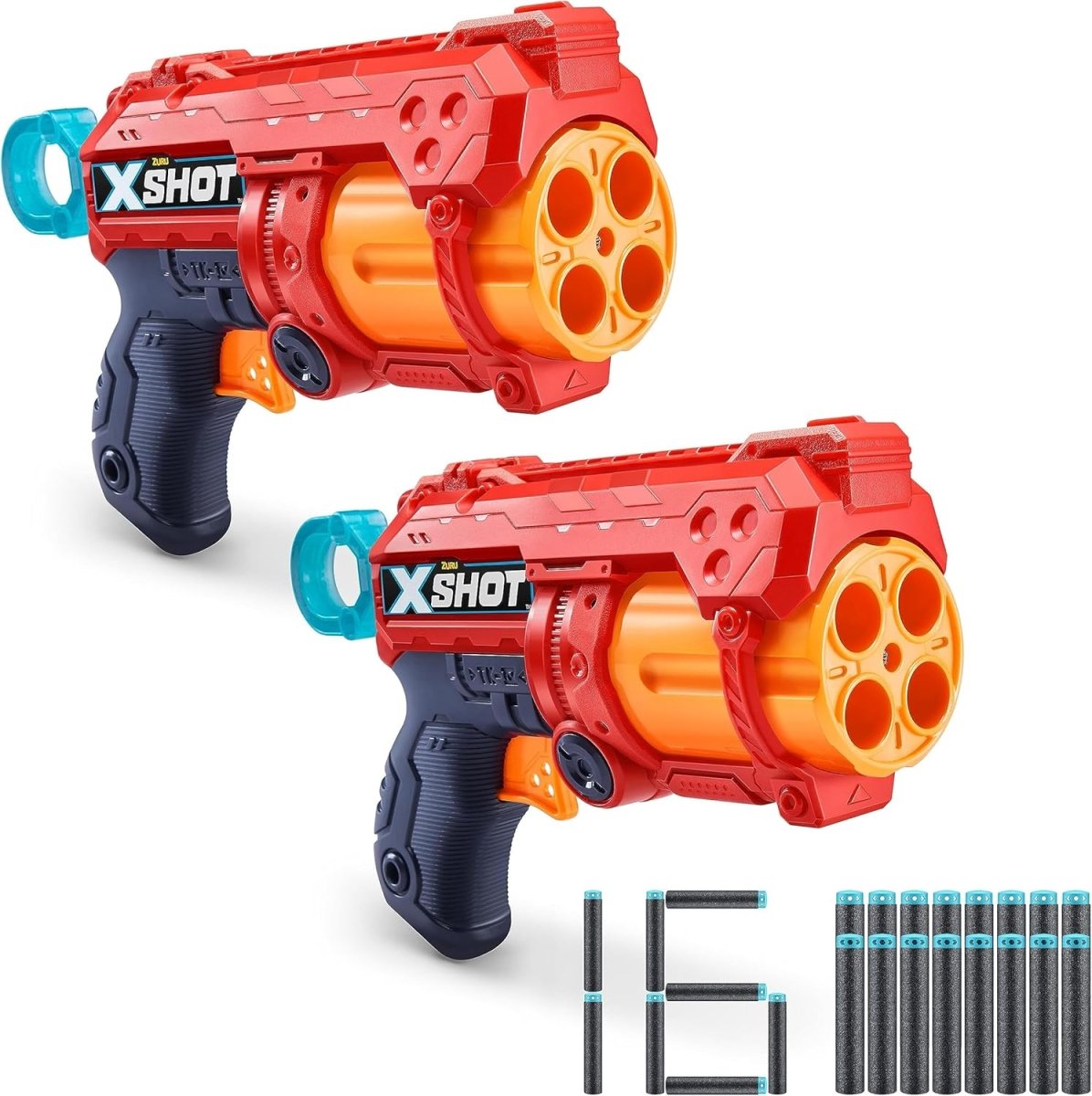 Two dart blasters, red and orange with blue grips, plus foam darts